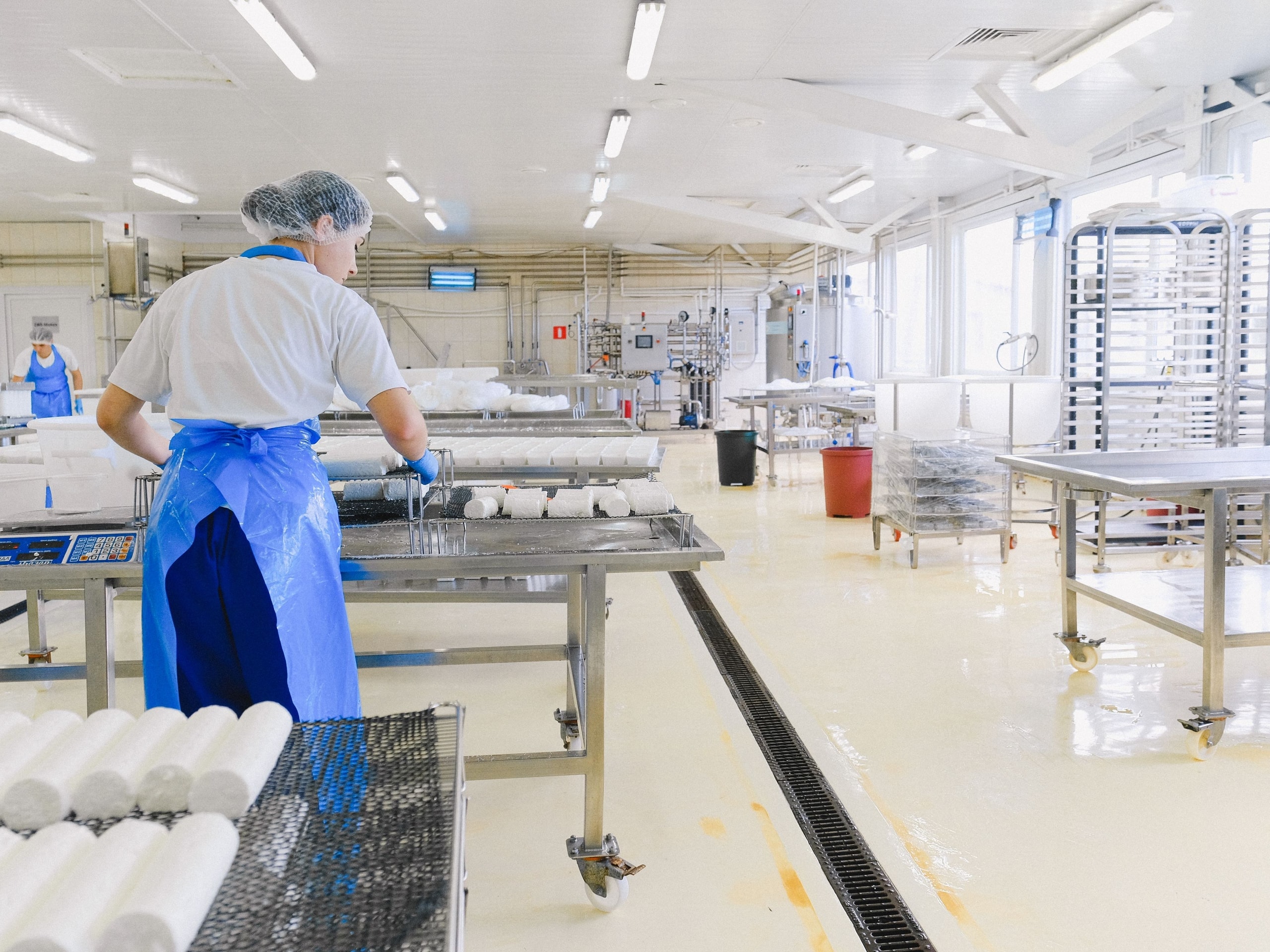 Staff in hygiene gear working in a clean, bright food-processing hall
